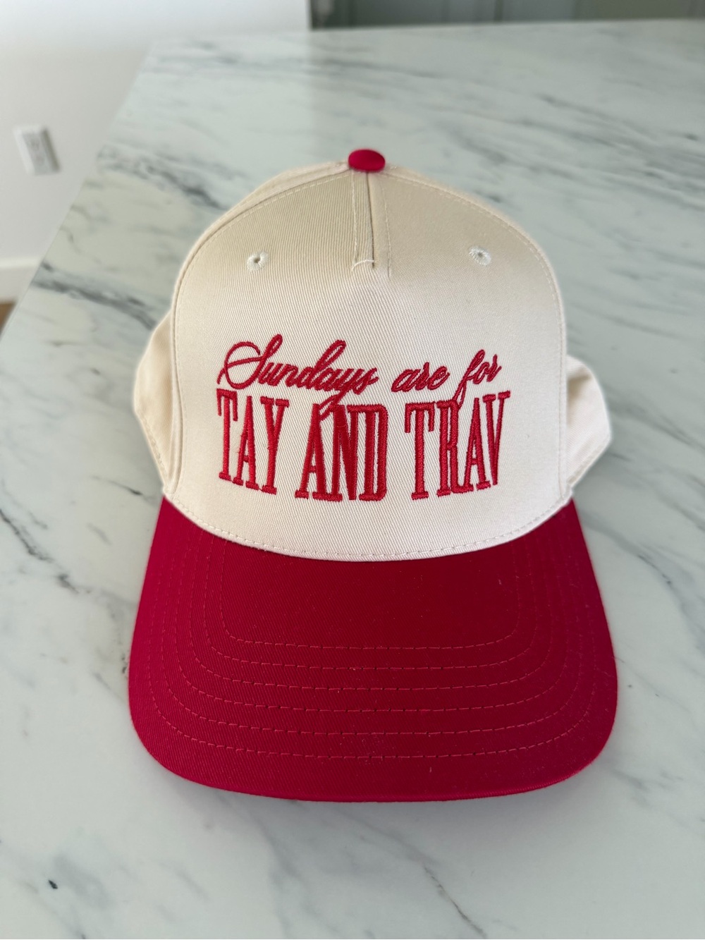 Sundays Are For Tay and Trav Red and Cream Baseball Cap